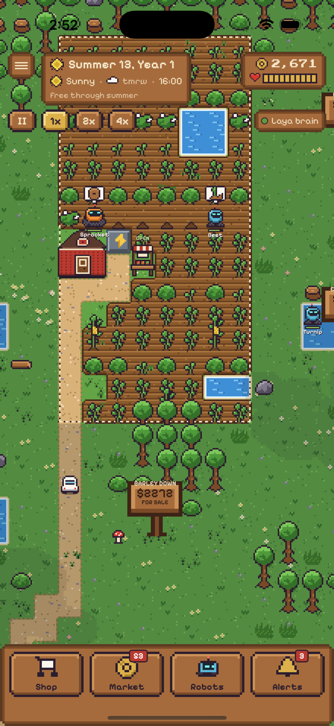 A pixel-art farm in summer with three robots working the beds and a roadside stand