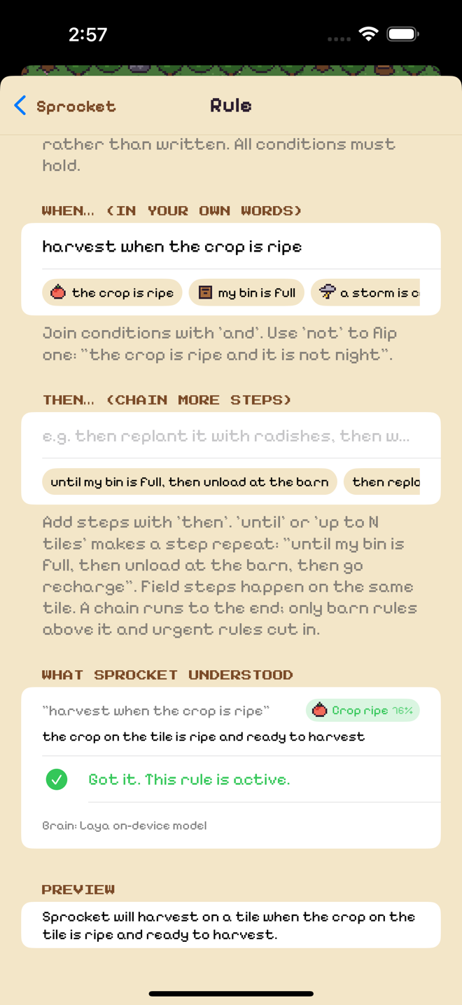 The rule editor showing the sentence 'harvest when the crop is ripe' and what the robot understood, with a confidence of 76%