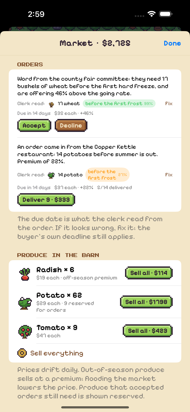 The market screen with two orders from buyers, each read by the clerk with a due date